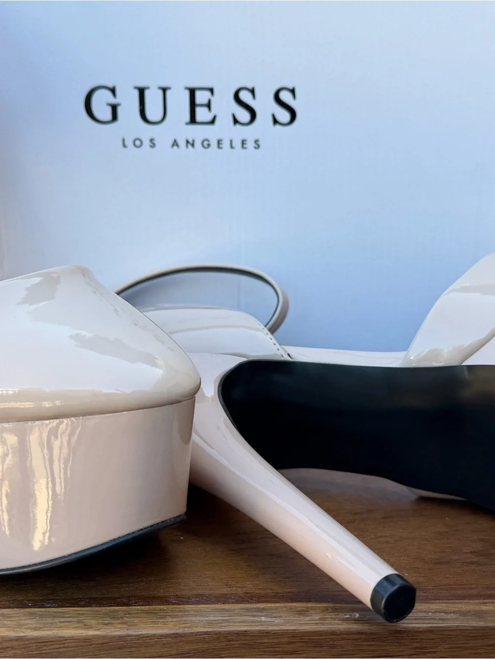 GUESS Nude Patent Platform Ankle-Strap Pump